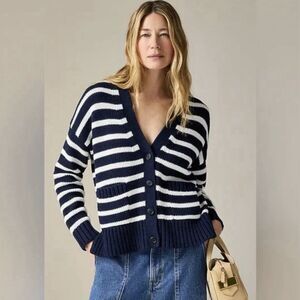 J.Crew Heritage Cotton Relaxed Striped Cardigan Sweater Navy Ivory Size XS